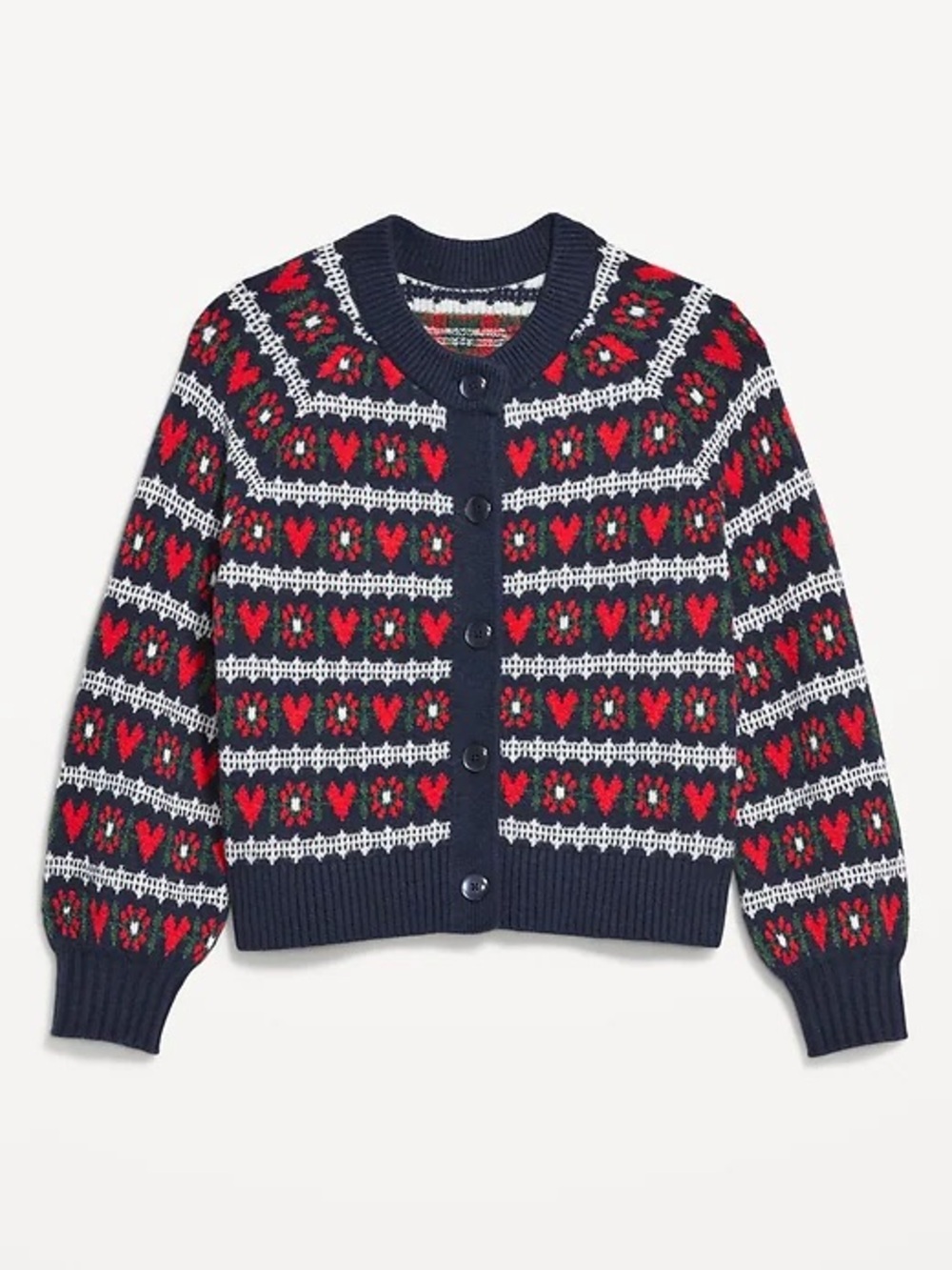 Old Navy Fair Isle Cardigan Sweater with Red Heart Pattern
